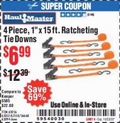 Harbor Freight Coupon 4 PIECE, 1" X 15FT. RATCHETING TIE DOWNS Lot No. 63150/63094/63056/63057/90984/61524 Expired: 10/13/20 - $6.99