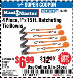 Harbor Freight Coupon 4 PIECE, 1" X 15FT. RATCHETING TIE DOWNS Lot No. 63150/63094/63056/63057/90984/61524 Expired: 11/6/20 - $6.99