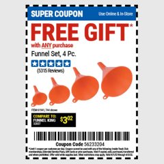 Harbor Freight FREE Coupon 4 PIECE FUNNEL SET Lot No. 744/61941 Expired: 4/3/22 - FWP