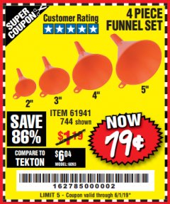 Harbor Freight Coupon 4 PIECE FUNNEL SET Lot No. 744/61941 Expired: 6/1/19 - $0.79
