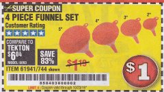 Harbor Freight Coupon 4 PIECE FUNNEL SET Lot No. 744/61941 Expired: 10/23/19 - $1
