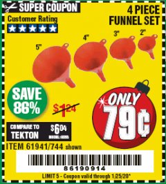 Harbor Freight Coupon 4 PIECE FUNNEL SET Lot No. 744/61941 Expired: 1/25/20 - $0.79