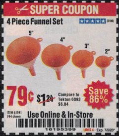 Harbor Freight Coupon 4 PIECE FUNNEL SET Lot No. 744/61941 Expired: 7/5/20 - $0.79