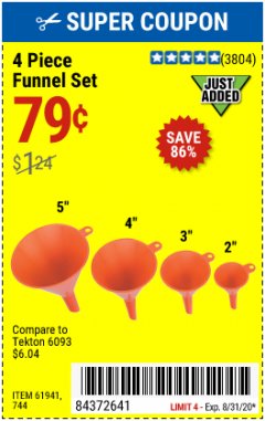 Harbor Freight Coupon 4 PIECE FUNNEL SET Lot No. 744/61941 Expired: 8/31/20 - $0.79