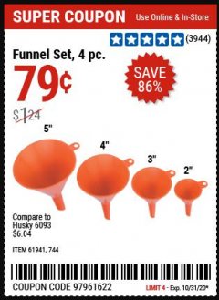Harbor Freight Coupon 4 PIECE FUNNEL SET Lot No. 744/61941 Expired: 10/31/20 - $0.79