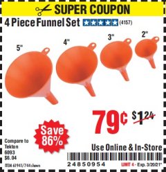 Harbor Freight Coupon 4 PIECE FUNNEL SET Lot No. 744/61941 Expired: 3/20/21 - $0.79