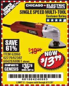 Harbor Freight Coupon SINGLE SPEED MULTIFUNCTION POWER TOOL Lot No. 62279/62302/62866/68861 Expired: 6/30/20 - $13.99