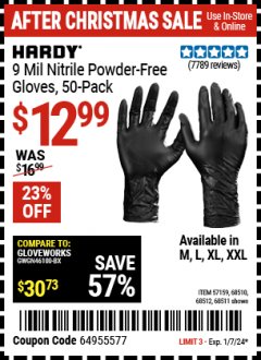 Harbor Freight Coupon 9 MIL POWDER-FREE NITRILE INDUSTRIAL GLOVE PACK OF 50 Lot No. 68510/61742/68511/61744/68512/61743 Expired: 1/7/24 - $12.99