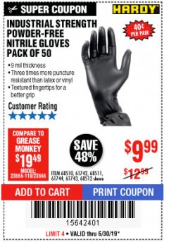 Harbor Freight Coupon 9 MIL POWDER-FREE NITRILE INDUSTRIAL GLOVE PACK OF 50 Lot No. 68510/61742/68511/61744/68512/61743 Expired: 6/30/19 - $9.99