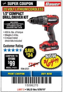 Harbor Freight Coupon BAUER 20 VOLT LITHIUM CORDLESS 1/2" COMPACT DRILL/DRIVER KIT Lot No. 64754/63531 Expired: 9/30/18 - $64.99