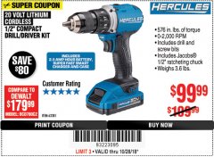 Harbor Freight Coupon BAUER 20 VOLT LITHIUM CORDLESS 1/2" COMPACT DRILL/DRIVER KIT Lot No. 64754/63531 Expired: 10/28/18 - $99.99