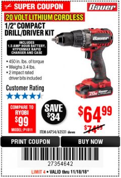 Harbor Freight Coupon BAUER 20 VOLT LITHIUM CORDLESS 1/2" COMPACT DRILL/DRIVER KIT Lot No. 64754/63531 Expired: 11/18/18 - $64.99