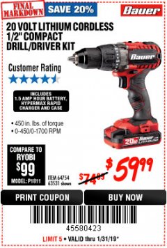 Harbor Freight Coupon BAUER 20 VOLT LITHIUM CORDLESS 1/2" COMPACT DRILL/DRIVER KIT Lot No. 64754/63531 Expired: 1/31/19 - $59.99