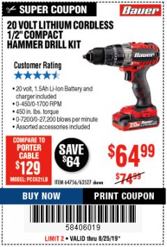 Harbor Freight Coupon BAUER 20 VOLT LITHIUM CORDLESS 1/2" COMPACT DRILL/DRIVER KIT Lot No. 64754/63531 Expired: 8/25/19 - $64.99