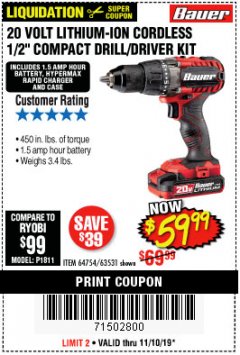 Harbor Freight Coupon BAUER 20 VOLT LITHIUM CORDLESS 1/2" COMPACT DRILL/DRIVER KIT Lot No. 64754/63531 Expired: 11/10/19 - $59.99
