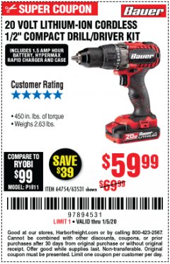 Harbor Freight Coupon BAUER 20 VOLT LITHIUM CORDLESS 1/2" COMPACT DRILL/DRIVER KIT Lot No. 64754/63531 Expired: 1/5/20 - $59.99