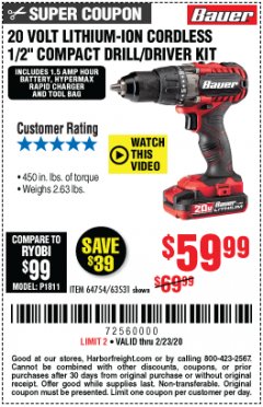Harbor Freight Coupon BAUER 20 VOLT LITHIUM CORDLESS 1/2" COMPACT DRILL/DRIVER KIT Lot No. 64754/63531 Expired: 2/23/20 - $59.99