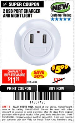 Harbor Freight ITC Coupon 2 USB PORT CHARGER AND NIGHT LIGHT Lot No. 64114 Expired: 1/10/19 - $5.99