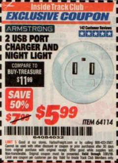 Harbor Freight ITC Coupon 2 USB PORT CHARGER AND NIGHT LIGHT Lot No. 64114 Expired: 7/31/19 - $5.99
