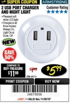 Harbor Freight Coupon 2 USB PORT CHARGER AND NIGHT LIGHT Lot No. 64114 Expired: 11/30/18 - $5.99