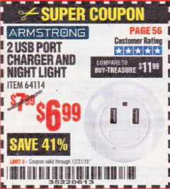 Harbor Freight Coupon 2 USB PORT CHARGER AND NIGHT LIGHT Lot No. 64114 Expired: 12/31/18 - $6.99