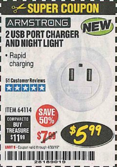 Harbor Freight Coupon 2 USB PORT CHARGER AND NIGHT LIGHT Lot No. 64114 Expired: 4/30/19 - $5.99