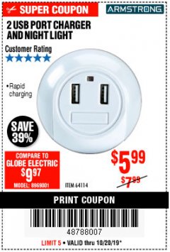 Harbor Freight Coupon 2 USB PORT CHARGER AND NIGHT LIGHT Lot No. 64114 Expired: 10/20/19 - $5.99