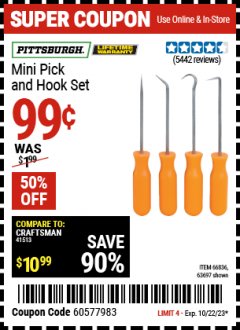 Harbor Freight Coupon 4 PC. PICK AND HOOK SET Lot No. 63697/63765/66836 Expired: 10/22/23 - $0.99