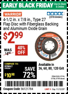Harbor Freight Coupon 4-1/2", 36 GRIT FLAP DISC Lot No. 61500/67639 Expired: 11/12/23 - $2.99