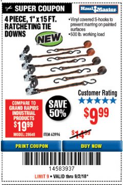 Harbor Freight Coupon 4 PIECE, 1" X 15 FT. RATCHETING TIE DOWNS Lot No. 61524/73056/63057/56668/63094 Expired: 9/2/18 - $9.99
