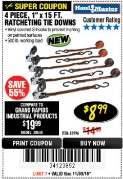 Harbor Freight Coupon 4 PIECE, 1" X 15 FT. RATCHETING TIE DOWNS Lot No. 61524/73056/63057/56668/63094 Expired: 11/30/18 - $8.99