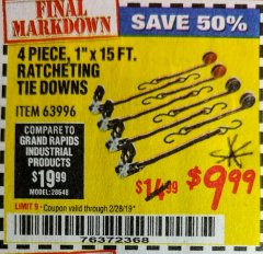 Harbor Freight Coupon 4 PIECE, 1" X 15 FT. RATCHETING TIE DOWNS Lot No. 61524/73056/63057/56668/63094 Expired: 2/28/19 - $9.99