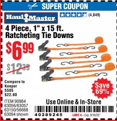 Harbor Freight Coupon 4 PIECE, 1" X 15 FT. RATCHETING TIE DOWNS Lot No. 61524/73056/63057/56668/63094 Expired: 8/16/20 - $6.99