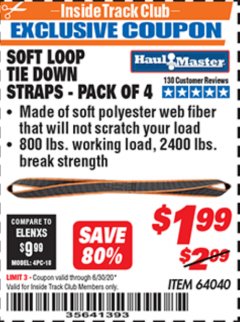 Harbor Freight ITC Coupon 1" X 16" SOFT LOOP TIE DOWN STRAPS PACK OF 4 Lot No. 64040 Expired: 6/30/20 - $1.99