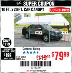 Harbor Freight Coupon 10 FT. X 20 FT. PORTABLE CAR CANOPY Lot No. 63054/62858 Expired: 9/22/19 - $79.99