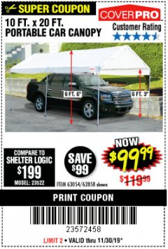 Harbor Freight Coupon 10 FT. X 20 FT. PORTABLE CAR CANOPY Lot No. 63054/62858 Expired: 11/30/19 - $99.99