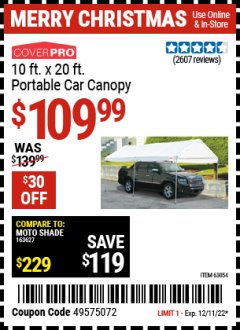 Harbor Freight Coupon 10 FT. X 20 FT. PORTABLE CAR CANOPY Lot No. 63054/62858 Expired: 12/11/22 - $109.99