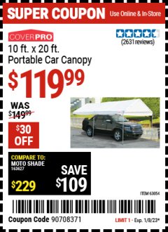 Harbor Freight Coupon 10 FT. X 20 FT. PORTABLE CAR CANOPY Lot No. 63054/62858 Expired: 1/8/23 - $119.99