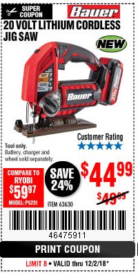Harbor Freight Coupon 20 VOLT LITHIUM CORDLESS JIG SAW Lot No. 63630 Expired: 12/2/18 - $44.99