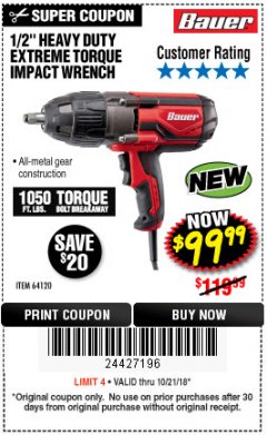 Harbor Freight Coupon BAUER 1/2" EXTREME TORQUE CORDED IMPACT WRENCH Lot No. 64120 Expired: 10/21/18 - $99.99