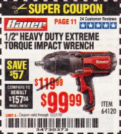 Harbor Freight Coupon BAUER 1/2" EXTREME TORQUE CORDED IMPACT WRENCH Lot No. 64120 Expired: 12/31/18 - $99.99