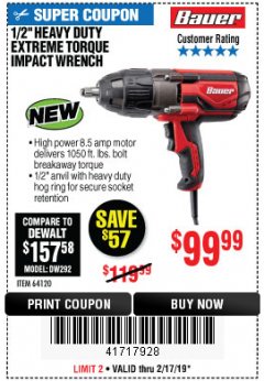 Harbor Freight Coupon BAUER 1/2" EXTREME TORQUE CORDED IMPACT WRENCH Lot No. 64120 Expired: 2/17/19 - $99.99