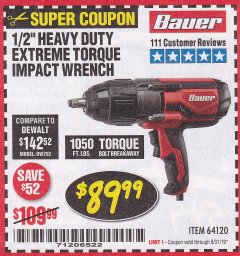 Harbor Freight Coupon BAUER 1/2" EXTREME TORQUE CORDED IMPACT WRENCH Lot No. 64120 Expired: 8/31/19 - $89.99