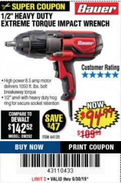Harbor Freight Coupon BAUER 1/2" EXTREME TORQUE CORDED IMPACT WRENCH Lot No. 64120 Expired: 9/30/19 - $94.99
