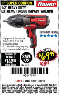 Harbor Freight Coupon BAUER 1/2" EXTREME TORQUE CORDED IMPACT WRENCH Lot No. 64120 Expired: 11/30/19 - $69.99