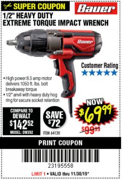 Harbor Freight Coupon BAUER 1/2" EXTREME TORQUE CORDED IMPACT WRENCH Lot No. 64120 Expired: 11/30/19 - $69.99