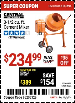 Harbor Freight Coupon 3-1/2 CUBIC FT. CEMENT MIXER Lot No. 67536/61932 EXPIRES: 10/2/22 - $234.99