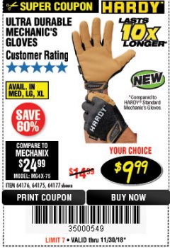 Harbor Freight Coupon ULTRA DURABLE MECHANIC'S GLOVES Lot No. 64175/64176/64177 Expired: 11/30/18 - $9.99