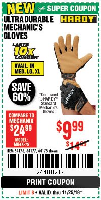Harbor Freight Coupon ULTRA DURABLE MECHANIC'S GLOVES Lot No. 64175/64176/64177 Expired: 11/25/18 - $9.99