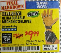 Harbor Freight Coupon ULTRA DURABLE MECHANIC'S GLOVES Lot No. 64175/64176/64177 Expired: 2/28/19 - $9.99